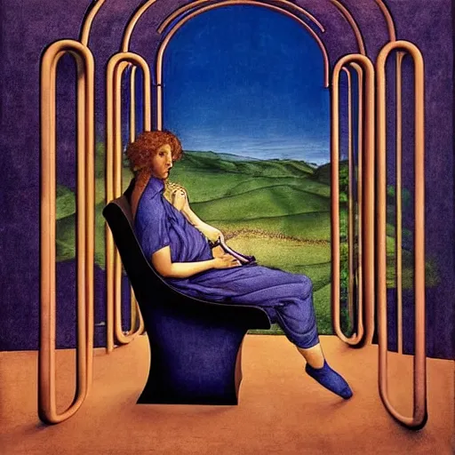 Prompt: beautiful by evelyn de morgan, by raphael, by david wiesner electric yellow. a land art of a metal chair with a seatbelt attached to it. the chair is placed in the center of a room & the seatbelt is used to strap a person into the chair. the person is then unable to move & at the mercy of the chair.