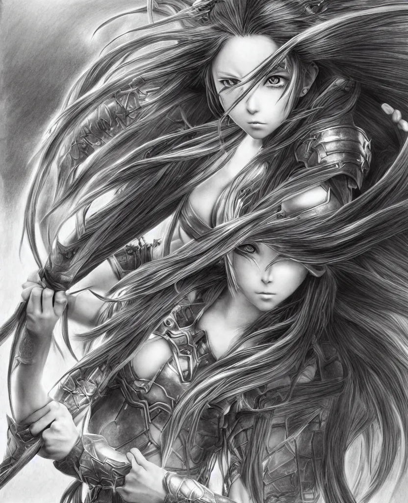 Image similar to hyper - realistic pencil drawing of a fantasy warrior anime woman withwith long hair twirling, very exaggerated fisheye perspective, art by shinichi sakamoto