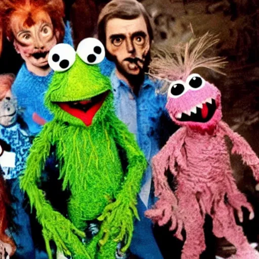 Prompt: zombie fraggle rock muppets, family photo of zombie muppets, dawn of the dead ( 1 9 7 8 ), photo from the 7 0 s