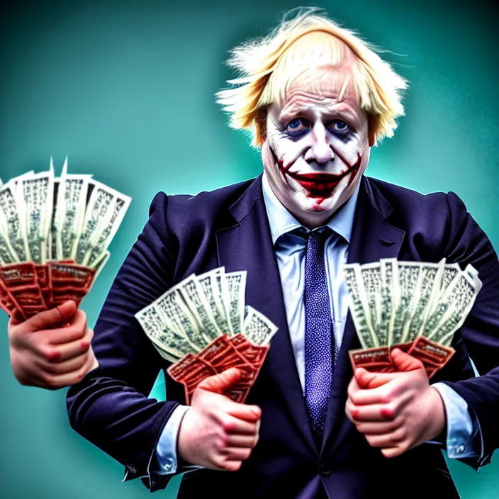 Prompt: photo of boris johnson dressed like satan and the joker holding bundles of cash, highly detailed, 4 k, hdr, smooth, sharp focus, high resolution, award - winning photo