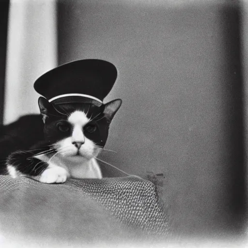 Prompt: A cat wearing a Pickelhaube, WWI, black and white photography, film grain, f 1.8