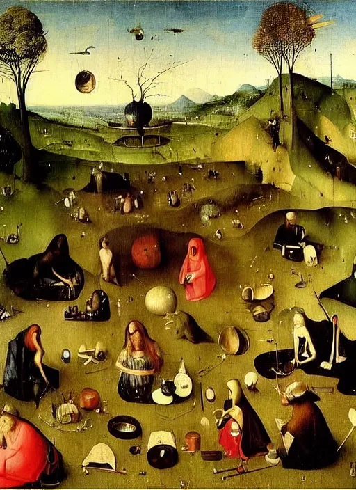 Prompt: Picnic on the Hills by Hieronymus Bosch, surreal oil painting, highly detailed, dream like, masterpiece