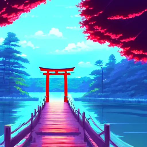 Prompt: torii gate in middle of a lake, digital art, rich vivid colors, ambient lighting, dynamic lighting, 4 k, official media, anime key visual, makoto shinkai, ilya kuvshinov, lois van baarle, rossdraws, detailed, trending on artstation