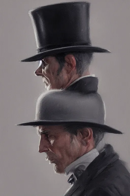 Prompt: a man grey hair tophat and suit by Greg Rutkowski, painting, portrait, high details, trending on artstation