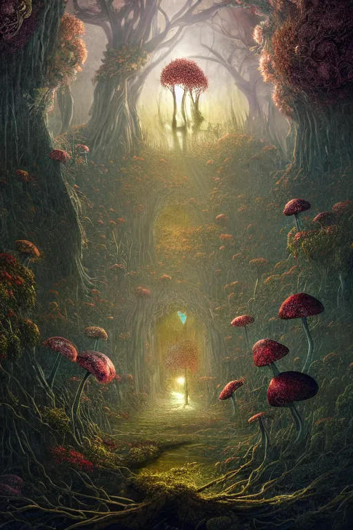 Prompt: a beautiful digital illustration painting of a detailed gothic fantasy sparkles and overgrown roots, dark mushroom, flowers by benoit b. mandelbrot, steven belledin, martin johnson heade, lee madgwick, caspar david friedrich, and david rios ferreira. 8 k resolution trending on artstation concept art digital illustration