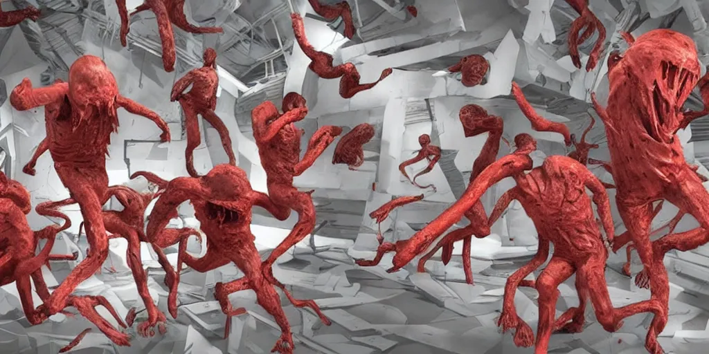 Prompt: SCP Secret Containment Breach Classified Monsters wrecking havoc CODE RED in the base I REPEAT CODE RED! The Scientists are running in fear and being eaten and obliterated by the cruel monsters.