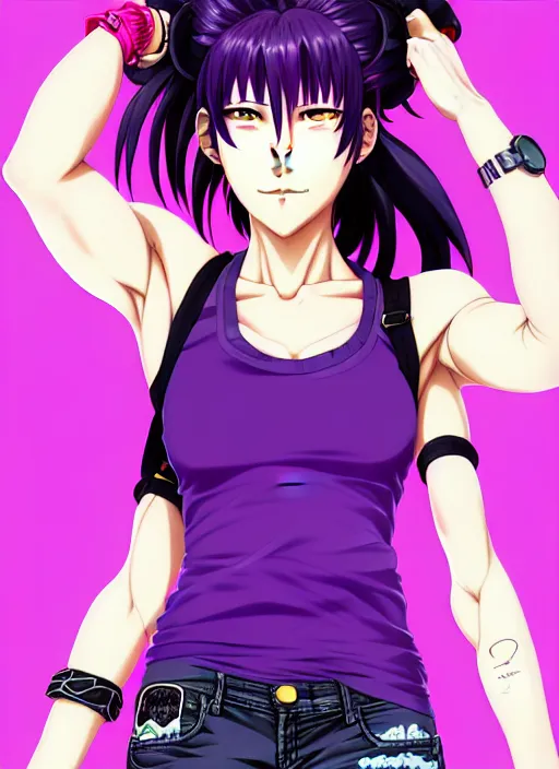 Prompt: revy black lagoon, purple hair, black tank top, jean shorts, tribal sleeve left arm, portrait shinkai makoto, studio ghibli, studio key, hideaki anno sakimichan stanley, artgerm, lau rossdraws james jean marc simonetti pixiv