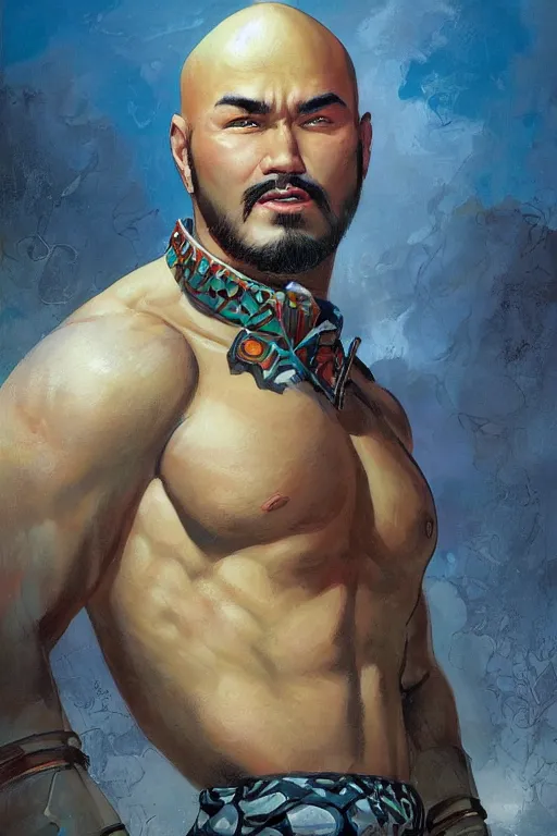 Image similar to beautiful gorgeous bald kazakh guy with a short beard, painted by tom lovell, alex malveda, greg staples