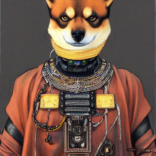 Image similar to lotus pose, anthropomorphic shiba inu, realistic scifi cyberpunk, wearing for man ukrainian traditional black vyshyvanka clothes, portrait art by donato giancola and greg rutkowski, realistic face, digital art, trending on artstation, symmetry