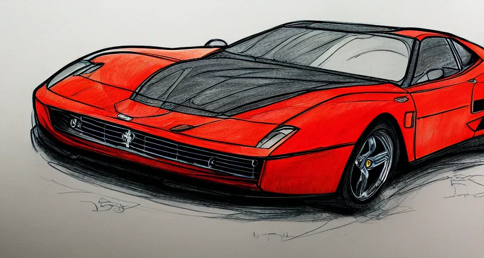 Prompt: An automotive sketch by Bertone, Marker sketch, ferrari style, automotive design