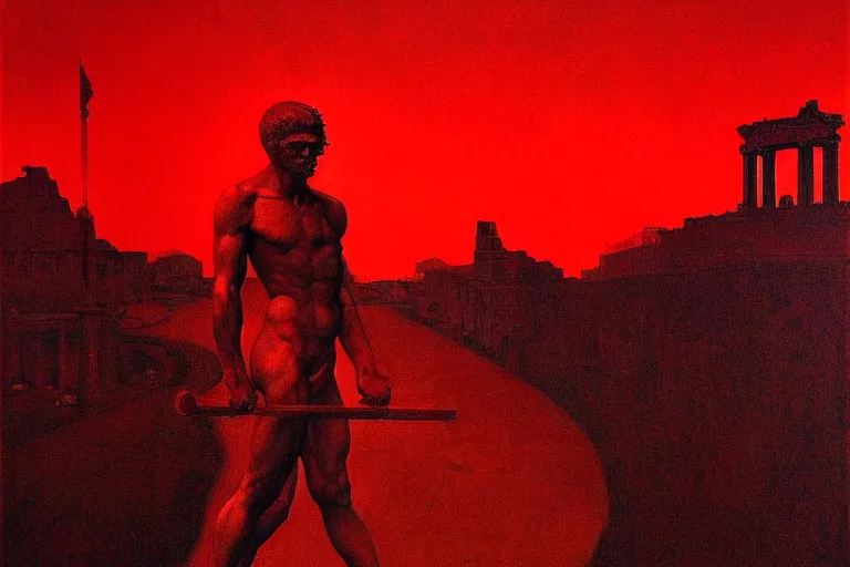 Image similar to only with red, caesar after war, a red tiger, in hoc signo vinces, rome in background, an ancient path, in the style of beksinski, part by hopper, part by rodcenko, part by hofbauer, intricate composition, red by caravaggio, insanely quality, highly detailed, masterpiece, red light, artstation