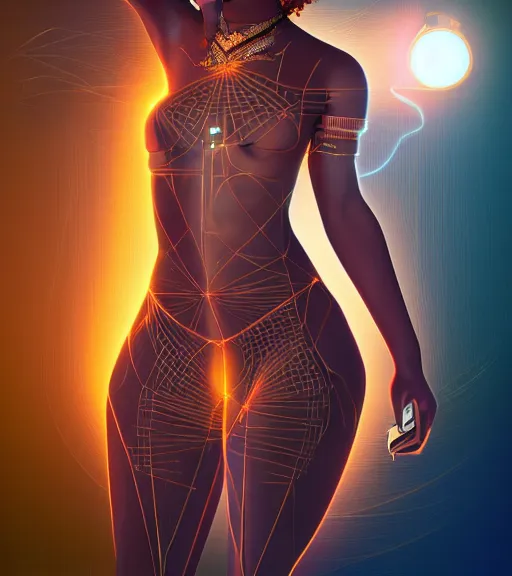 Image similar to symmetry!! ethiopian princess of technology, solid cube of light, hard edges, product render retro - futuristic poster scifi, lasers and neon circuits, brown skin man ethiopian princess, intricate, elegant, highly detailed, digital painting, artstation, concept art, smooth, sharp focus, illustration, dreamlike, art by artgerm