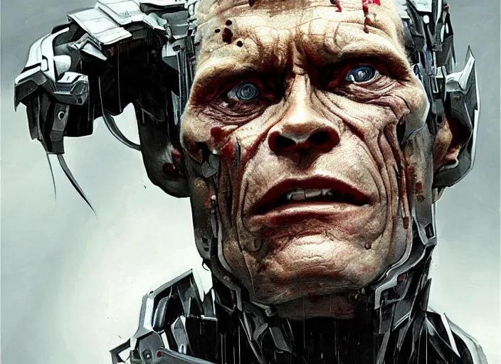 Image similar to willem dafoe as victor stone, full body concept, cyborg, borg, strogg, face of a man, terminator, flesh, quake strogg, doom demon, wolfenstein, monstrous, symmetry, symmetrical, concept art by ruan jia and greg rutkowski