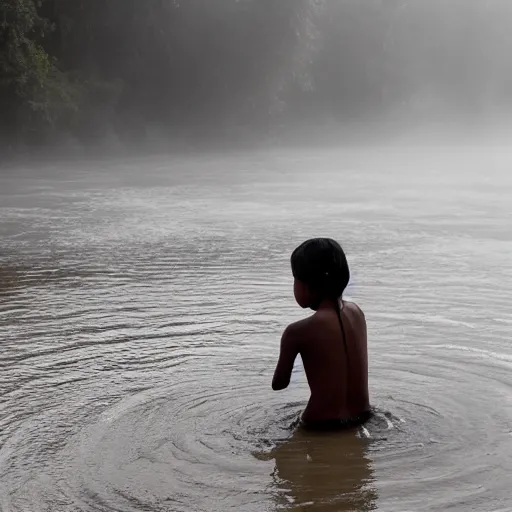 Image similar to award winning photo of a nepali village girl, bathing in a river, early morning, foggy, sunlight