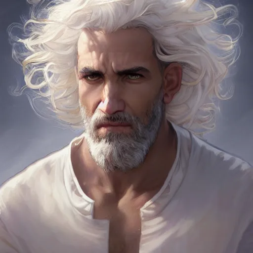 Prompt: beautiful, strong, mixed race, white hair, curly hair, small beard, male, face, head shot, fantasy, highly detailed, digital painting, artstation, concept art, smooth, sharp focus, illustration, art by artgerm and greg rutkowski and alphonse mucha