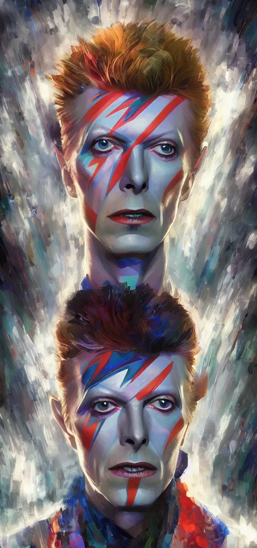 Prompt: A portrait of David Bowie , by Stanley Artgerm Lau, WLOP, Rossdraws, James Jean, Andrei Riabovitchev, Marc Simonetti, and Sakimichan, trending on artstation with a blend of manga-style art, augmented with vibrant composition and color, all filtered through a cybernetic lens, studio lighting, lit by flashing pixel light, cinematic lightning, medium shot, mid-shot, highly detailed, trending on artstation, Unreal Engine 4k, cinematic wallpaper