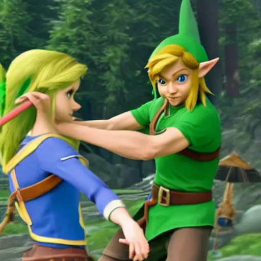 Image similar to real photo, zelda dancing with link, hyper realistic, 4 k octan render, unreal 5