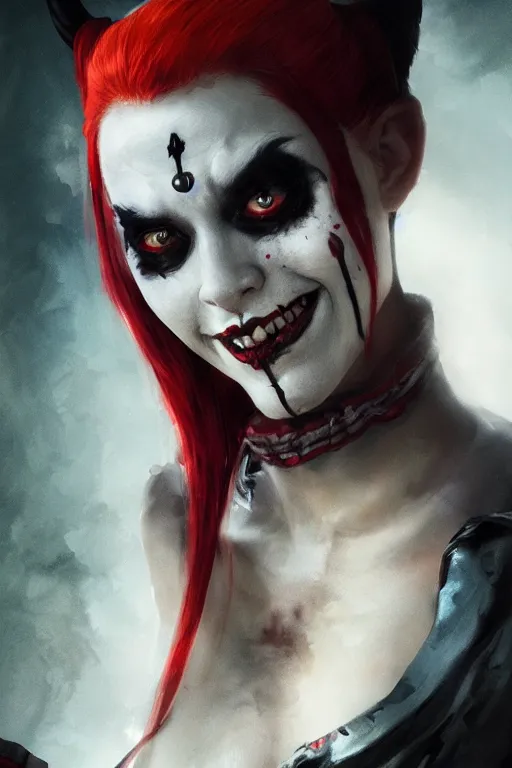 Prompt: a portrait of a scary Harley Quinn by Greg Rutkowski, Sung Choi, Mitchell Mohrhauser, Maciej Kuciara, Johnson Ting, Maxim Verehin, Peter Konig, final fantasy , mythical, 8k photorealistic, cinematic lighting, HD, high details, atmospheric,