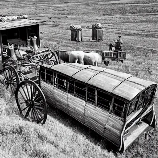 Prompt: a birdseye view sepia photograph of a delorean turned into a covered wagon, traveling in a line with covered wagons and cattle