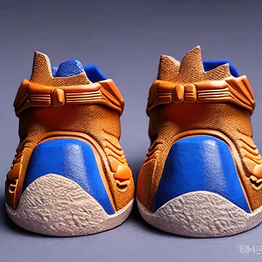 Image similar to realistic scultpure of plastic toy sneaker! design, sneaker design overwatch fantasy style mixed with aztec mayan native street fashion, focus on sneakers only, shoes designed by akira toriyama and studio ghibli