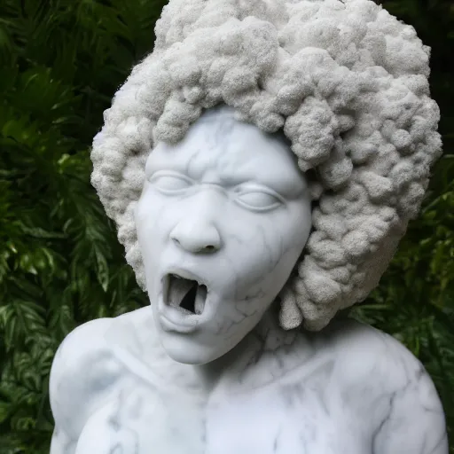 Image similar to a photorealistic all white marble sculpture of a black girl with a white afro crying