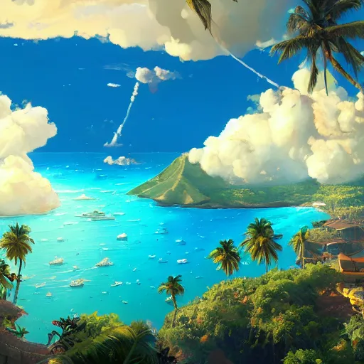 Image similar to a painting a breathtaking aerial view of Hawaiian islands with Pirates, surrounded by palm trees, clouds, flowers, volcano, azure ocean, sunlight glistening, glow, , a detailed matte painting by sylvain sarrailh, Stephan Martinière, by RHADS, Makoto Shinkai, bokeh, Artstation contest winner, fantasy art, concept art, #vfxfriday