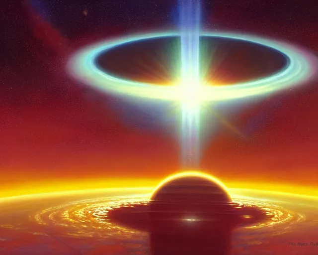 Prompt: painting of a very very symmetric cluster of halo ringworld around a star, robert mccall, rick guidice, noah bradley, jim burns, les edwards, james gilleard, very coherent, extremely detailed, 4 k resolution, hd