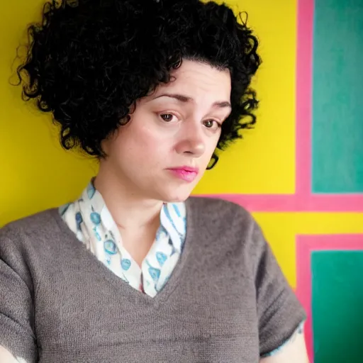 Prompt: a woman, short curly black hair, round face, still from a Wes Anderson Movie,