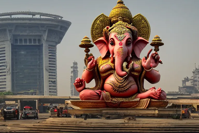 Image similar to beautiful futuristic new delhi, sharp sci - fi ganesha!! building, kalighat flowers, highly detailed cinematic, stephen shore & john j. park, soft morning light, wide shot, high angle, uhd 8 k, shallow depth of field