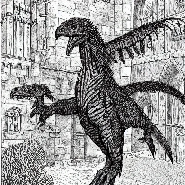 Prompt: a feathered velociraptor, full body, in a castle courtyard, pen-and-ink illustration, etching, by Russ Nicholson, DAvid A Trampier, larry elmore, 1981, HQ scan, intricate details