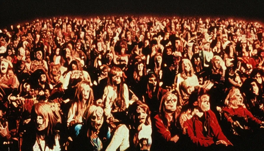 Prompt: 7 0 s film still from a horror movie of the price is right audience filled with zombies, kodachrome, cinecolor, cinestill, photorealism, cinematic, film grain, film texture, vhs recording