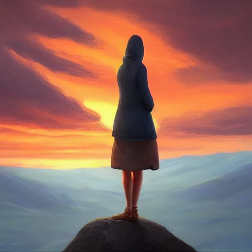 Image similar to “a lonely woman standing at the top of a hill at sunset waiting for someone to return, detailed and realistic 8k HD oil painting, by Tyler edlin”