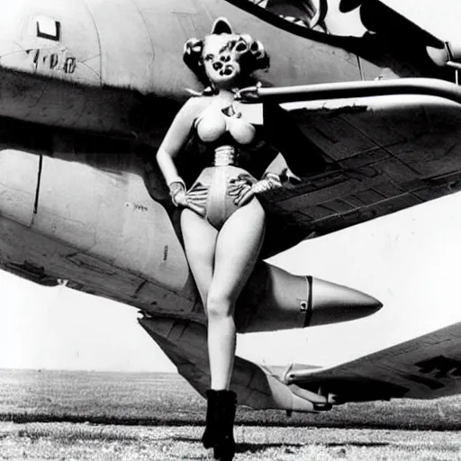 Image similar to lady gaga as a pinup model as nose art on the front of a b - 1 7 bomber