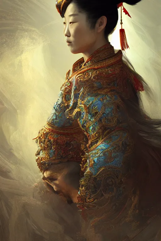 Image similar to chinese god, portrait, powerfull, intricate, elegant, volumetric lighting, scenery, digital painting, highly detailed, artstation, sharp focus, illustration, concept art, ruan jia, steve mccurry