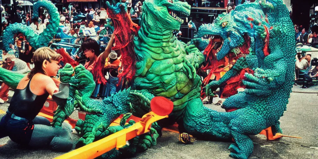 Prompt: Cthulu arm wrestling Godzilla, vivid colors, daylight, photo real, 1992, Eastman EXR 50D 5245/7245, close-up action first-person perspective