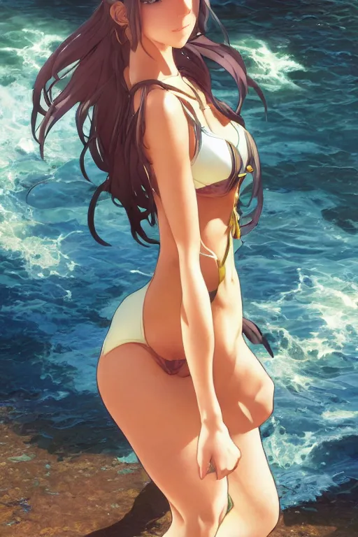 Image similar to anime key visual of a beautiful young female in a swimsuit, stunning, highly detailed, digital painting, artstation, smooth, hard focus, illustration, art by artgerm and greg rutkowski and alphonse mucha