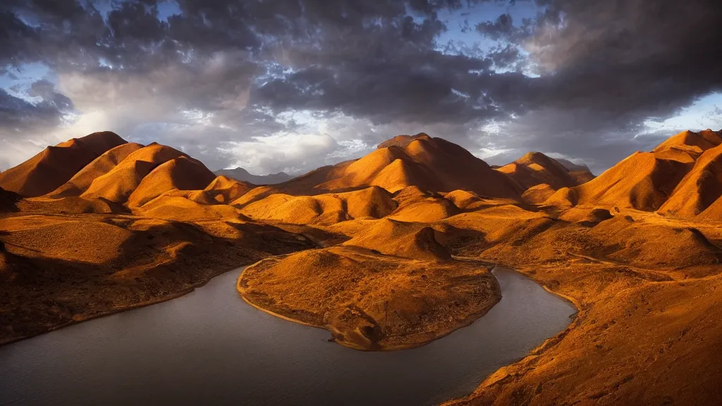 Image similar to amazing landscape photo of mountains with river in Namib landscape by marc adamus, beautiful dramatic lighting