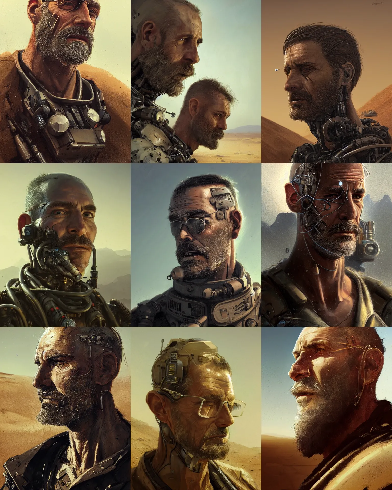 Prompt: a rugged middle aged engineer man with cybernetic enhancements and half head shaved lost in the desert, scifi character portrait by greg rutkowski, esuthio, craig mullins, short beard, green eyes, 1 / 4 headshot, cinematic lighting, dystopian scifi gear, gloomy, profile picture, mechanical, half robot, implants, steampunk