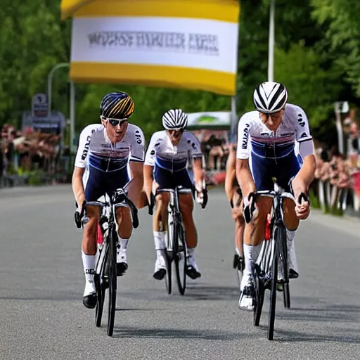 Prompt: “Editorial photo of two Mormon missionaries winning the Tour de France”