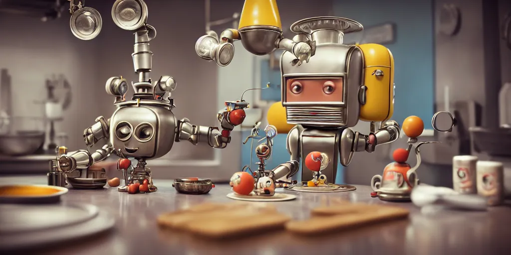 Image similar to closeup portrait of tin toy retro robot scientists cooking pastry in a kitchen, depth of field, zeiss lens, detailed, centered, fashion photoshoot, by nicoletta ceccoli, mark ryden, lostfish, breathtaking, 8 k resolution, extremely detailed, beautiful, establishing shot, artistic, hyperrealistic, octane render