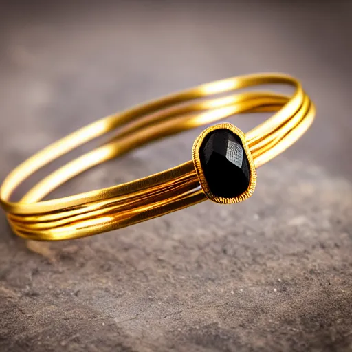 Prompt: arcaic Primitive Gold Bangle, 14K Gold Wire, Single Center sinister diamond saphire, Shungite Bangle, Mineral and Gold Jewelry, Product Photography