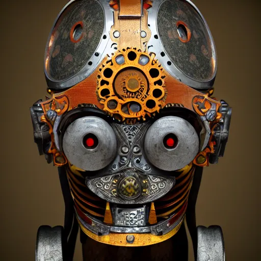 Image similar to steampunk tribal mask, robot, japanese pottery, vivid colors, wood, metal, intricate details, trending on cgsociety, concept art, glowing eyes, sharp focus, ultra realistic details, cinematic atmosphere, global illumination, shadows, octane render, 8 k