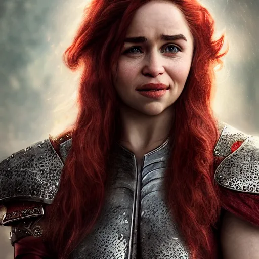 Image similar to emilia clarke, as a medieval fantasy character, with dark reddish hair, wearing light, silver armor and red clothing, tan complexion, holding a longsword, smiling, noble, cinematic, gloomy background, realistic, digital art, character art, 8 k