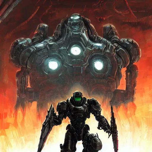 Image similar to doom slayer, painted by tsutomu nihei, painted by stanley lau