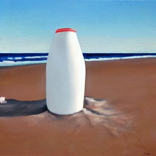 Prompt: an oil painting of a giant white styrofoam cup on the beach, the cup has red water unside of it, surrealism