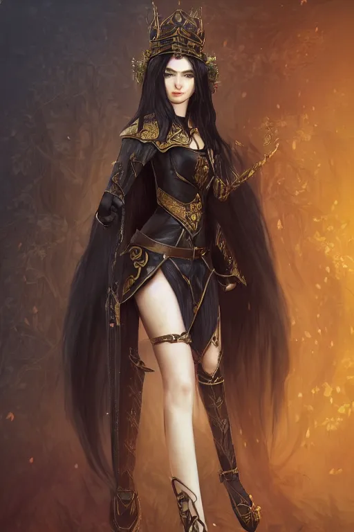 Prompt: eloquent young elf queen with long black hair, full body portrait, gorgeous, seductive, realistic, leather armor and cloak, leather gloves, digital art, path traced, highly detailed, high quality, lively, sakimi chan, alphonse mucha, leesha hannigan