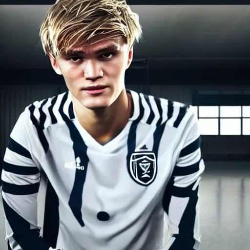 Image similar to a realistic detailed photo of a guy who is an attractive humanoid who is half robot and half humanoid, who is a male android, soccer player martin ødegaard, shiny skin, posing like a statue, blank stare, in a living room, on display