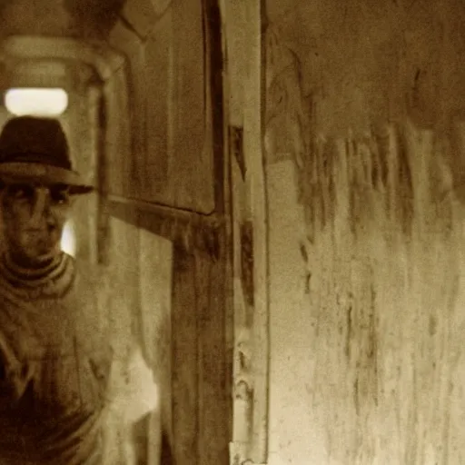 Prompt: the disembodied spirit of a dangerous railroad worker, Boxcar on the railroad, Cinematic, 35mm, film still from a horror movie