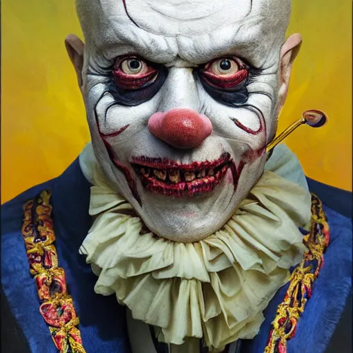 Prompt: UHD hyperrealistic impressive photo of Klaus Schwab, dressed as zombie emperor, wearing bizarre clown makeup, correct face, accurate face, intricate clown makeup, ornate attire, regal clown face, by Ayami Kojima, Amano, Karol Bak, Greg Hildebrandt, and Mark Brooks, by Antonio Caparo and Ferdinand Knab and Greg Rutkowski UHD photorealistic trending on artstation