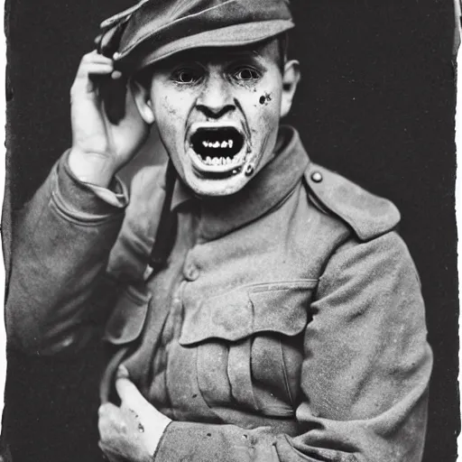 Prompt: horrified screaming World War 1 soldier, portrait, black and white photography